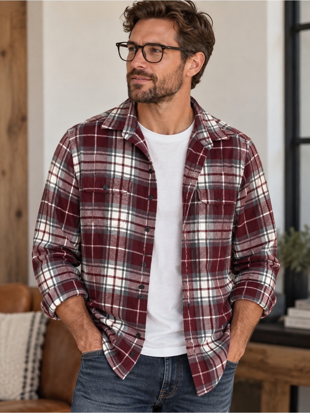 American Eagle Outfitters Men’s Medium Burgundy Plaid Flannel Button-Up Shirt